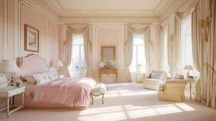 Wall Mural - Step into a spacious and luxurious bedroom bathed in sunlight, featuring powdery pastel colored walls and opulent furniture.  