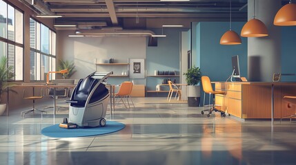 Wall Mural - Modern office interior with a robotic floor cleaner in the center. The space has large windows, contemporary furniture, and industrial-style design.