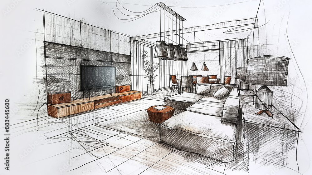 Interior designer drawing modern living room design on paper Stock ...