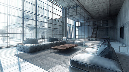 Aufkleber - Modern open plan living room sketch design with city view