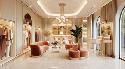 Wall Mural - Elegant women胢s clothing store with stylish furniture including peach-tone sofas and armchairs, chic lighting, racks of clothing, and decorative plants.