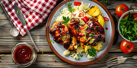 Wall Mural - Delicious Plate of BBQ Chicken and Potato Salad on a Wooden Table Shot from Above.