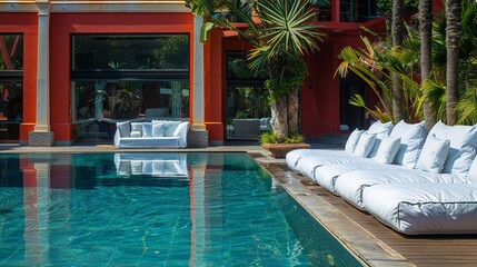 Hotel resort red swimming pool with white sofa 