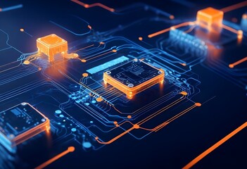 A futuristic circuit board with glowing orange nodes and interconnected lines, creating a complex and abstract technological landscape against a dark blue background