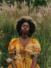 Wall Mural - Woman in yellow dress and hat in tall grass