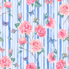 Wall Mural - Watercolor rococo rose floral seamless pattern