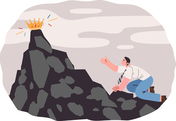 Wall Mural - Business man strives to climb mountain with golden crown, trying to show leadership qualities in path. Guy sets challenging goals to gain opportunities for growth and achieve leadership positions