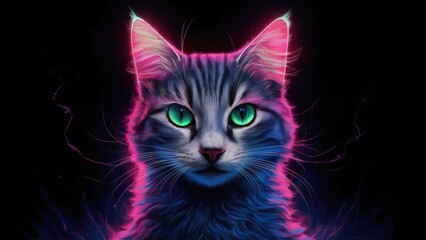 Wall Mural - A close up of a cat with glowing eyes and neon colors, AI