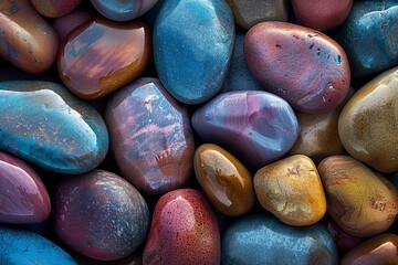 Detailed View Showcasing Smooth, Multicolored Pebbles With a Distinctive Metallic Finish