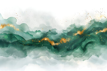 Green watercolor splatter with gold accents on transparent background