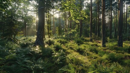 Wall Mural - Sunlight filtering through forest trees