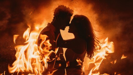 Poster - A couple kissing in front of a fire with flames, AI