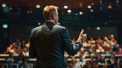 Motivational Speaker Standing in front of to many people in audience, event professional