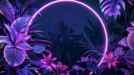 Wall Mural - Purple circle Neon shape With jungle floral Tropical. Isolated on black Background 