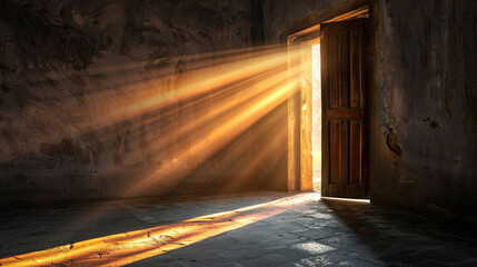 Sticker - Rays of Light Entering Dark Room through Half-Open Door, Hope Concept, Symbol of Hopeful Perspective, Illuminated Interior, Light Symbolism