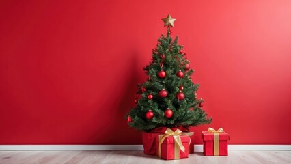 festive christmas tree decorated with ornaments and presents on red background
