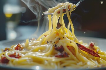 Wall Mural - Plate of steaming spaghetti carbonara with red chili and fork. Italian cuisine and comfort food concept.