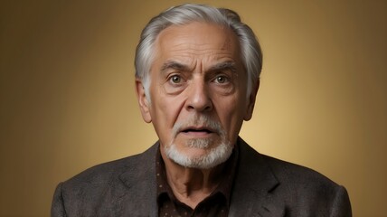 Portrait of an ol man, he is shocked, yellow background with copy space