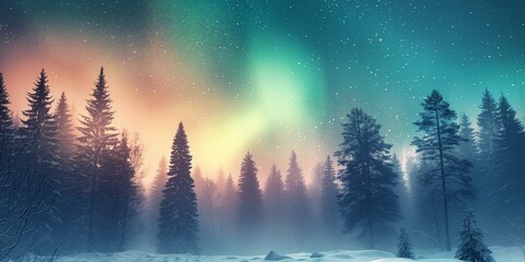 A beautiful, serene forest scene with a blue sky and a few trees. The sky is filled with stars and the trees are covered in snow. Scene is peaceful and calming