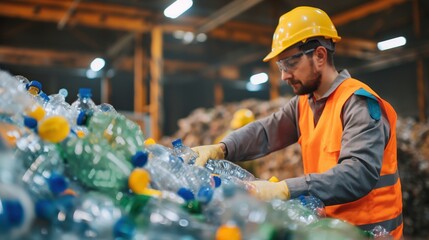 Wall Mural - A worker wearing safety gear is sorting plastic bottles at a recycling plant, ensuring proper waste management and environmental conservation.