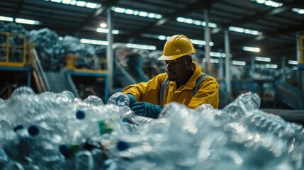 Wall Mural - A worker in a recycling plant sorting through plastic bottles while wearing a hard hat and protective gloves.