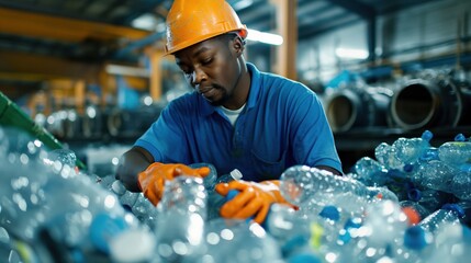 Wall Mural - A worker wearing an orange hard hat and gloves sorting plastic bottles in a recycling facility.