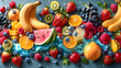 © Prasanth - Fruits and mixed berries. Tropical fruits and mixed berries with juice. Watermelon, banana, pineapple, strawberry, orange, mango, blueberry, cherry, raspberry, papaya.