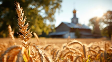 Wall Mural - A picturesque scene of a golden wheat field stretching out towards a rustic building in the distance, bathed in warm sunlight, capturing the essence of rural beauty.