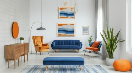 Wall Mural - Modern living room with a blue sofa, orange armchair, wooden furniture, abstract wall art, and green plants for a vibrant contrast.