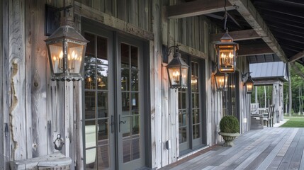 rustic suburban farmhouse with weathered wood siding, an expansive porch, and vintage lanterns hanging above