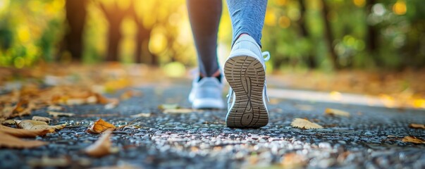 Wall Mural - Woman savors a leisurely stroll in the park on a gorgeous autumn day