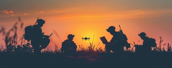 Wall Mural - Soldiers using advanced technology and a drone in the sunset silhouette