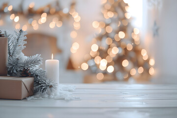 Gifts and candles in snow against background of blurred Christmas tree, garlands, fireplace. Blurred Christmas and New Year interior background with copy space. White minimalistic scandi style banner.