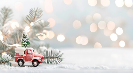 Toy red truck with Christmas tree on snowy table on background of fir branches and blurred lights. Concept for Christmas, New Year, winter holidays. Banner with copy space. Festive decor with red car.