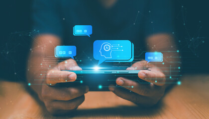 Poster - Chat with AI or Artificial Intelligence technology, Businessman using smartphone for chatting online with AI or chatbot. Futuristic technology transformation, Online automation chatbot.