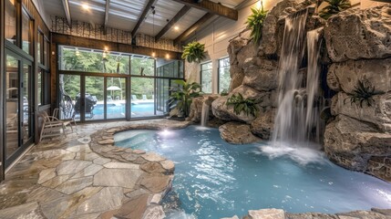 suburban farmhouse with an indoor swimming pool, designed with natural stone and a waterfall feature