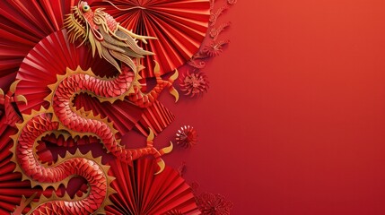 2024 Chinese New Year banner Abstract art with an oriental dragon and folding paper fans on a red background Lunar New Year celebration card design