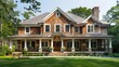 © Abdul - suburban farmhouse with a classic New England style, featuring shingle siding, a large front porch, and traditional lanterns
