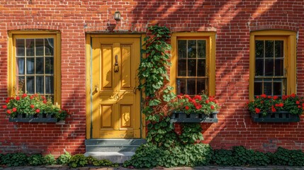 classic red brick farmhouse with ivy crawling up the walls, featuring a bright yellow front door and matching window boxes filled with geraniums