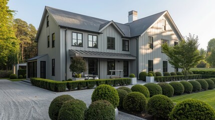 modern suburban farmhouse with an elegant slate grey exterior, surrounded by neatly trimmed boxwood hedges and a pebbled driveway