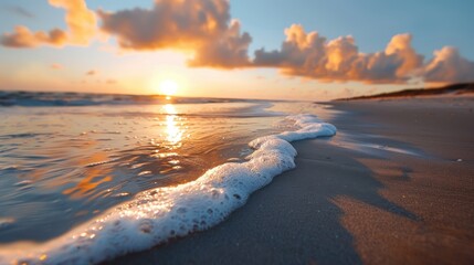 Sticker - A stunning sunset over a quiet beach, with foamy waves washing up on the shore and the sky glowing with hues of orange and gold, capturing a moment of natural beauty.