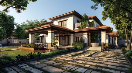 suburban farmhouse with a contemporary Indian bungalow theme, combining traditional Indian design elements with modern architecture and luxurious finishes