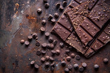 Wall Mural - A detailed shot of a chunky chocolate piece featuring visible chocolate chips, suitable for use in food and beverage marketing