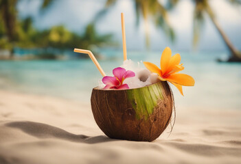 Wall Mural - Coconut water in a coconut shell with a straw and tropical flowers in a luxury beach resort