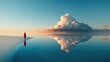 © Pinklife - A solitary person walks on a vast reflective water surface, creating a mirror effect, with a striking cloud formation ahead, blending nature and solitude, highlighted by a serene ambiance.