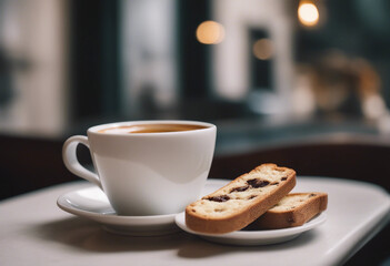 Wall Mural - Espresso shot in a small porcelain cup with a biscotti in an elegant Italian cafe