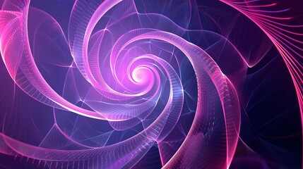 Wall Mural - Abstract graphic design featuring an illusion of a spiral with geometric shapes in pink and violet neon lines against a purple background