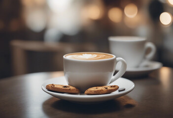 Wall Mural - Espresso shot in a small porcelain cup with a biscotti in an elegant Italian cafe