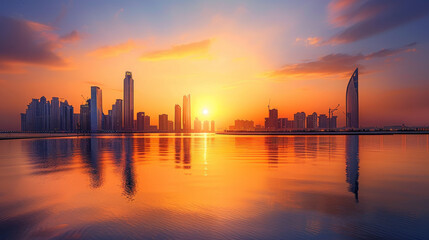 Wall Mural - Iconic Landmarks: Notable structures such as the Etihad Towers and the Sheikh Khalifa Bridge stand majestically, their architectural elegance enhanced by the warm glow of the setting sun.
