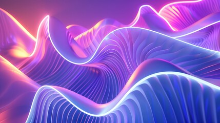Wall Mural - Futuristic concept rendered in 3D showcasing a colorful background with abstract shapes glowing in the ultraviolet spectrum characterized by curvy neon lines representing energy